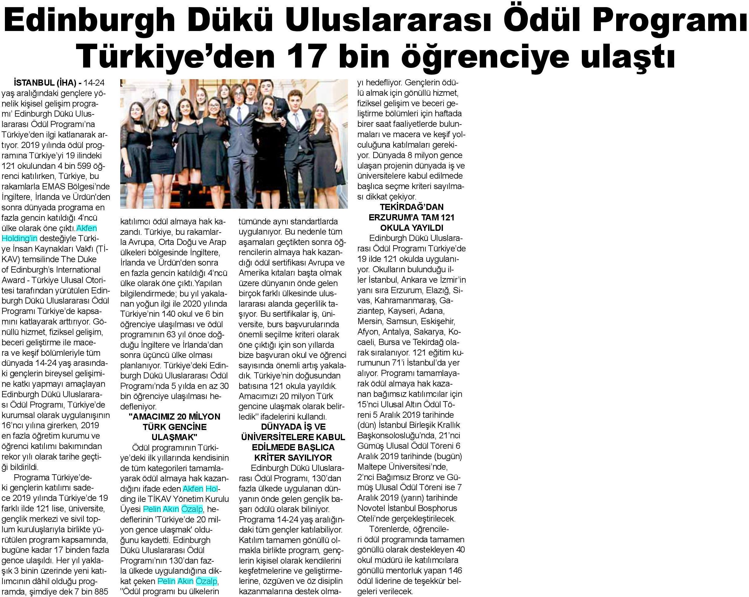 EDİNBURGH DÜKÜ ULUSLARARASI ÖDÜL PROGRAMI TÜRKİYE' DEN 17 BİN ÖĞRENCİYE ULAŞTI